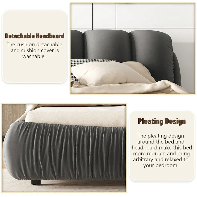 Letto king size rivestito in velluto/pelle con testiera plissettata – 2 posti