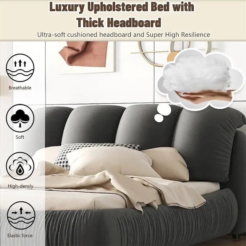 Letto king size rivestito in velluto/pelle con testiera plissettata – 2 posti
