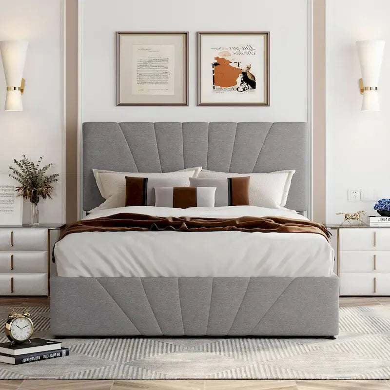 Letto con piattaforma imbottita in lino grigio/beige con contenitore idraulico – Matrimoniale / Queen, per 2 persone