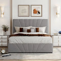Letto con piattaforma imbottita in lino grigio/beige con contenitore idraulico – Matrimoniale / Queen, per 2 persone