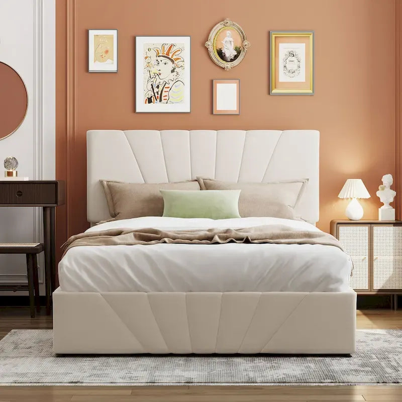 Letto con piattaforma imbottita in lino grigio/beige con contenitore idraulico – Matrimoniale / Queen, per 2 persone