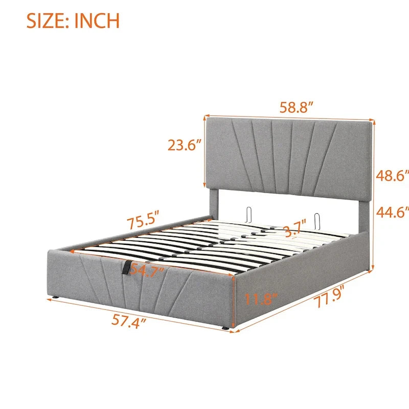 Letto con piattaforma imbottita in lino grigio/beige con contenitore idraulico – Matrimoniale / Queen, per 2 persone