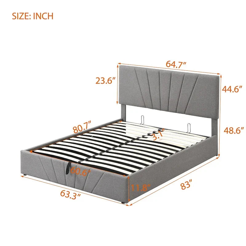 Letto con piattaforma imbottita in lino grigio/beige con contenitore idraulico – Matrimoniale / Queen, per 2 persone