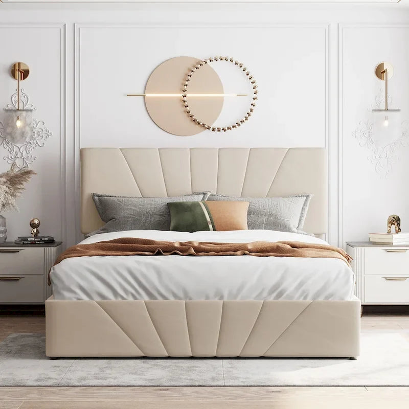 Letto con piattaforma imbottita in lino grigio/beige con contenitore idraulico – Matrimoniale / Queen, per 2 persone