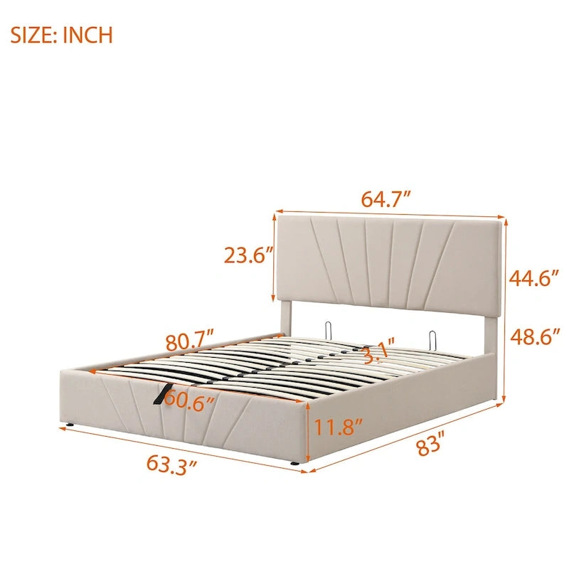 Letto con piattaforma imbottita in lino grigio/beige con contenitore idraulico – Matrimoniale / Queen, per 2 persone