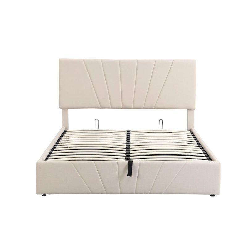 Letto con piattaforma imbottita in lino grigio/beige con contenitore idraulico – Matrimoniale / Queen, per 2 persone