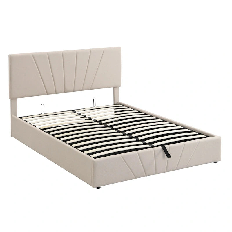 Letto con piattaforma imbottita in lino grigio/beige con contenitore idraulico – Matrimoniale / Queen, per 2 persone
