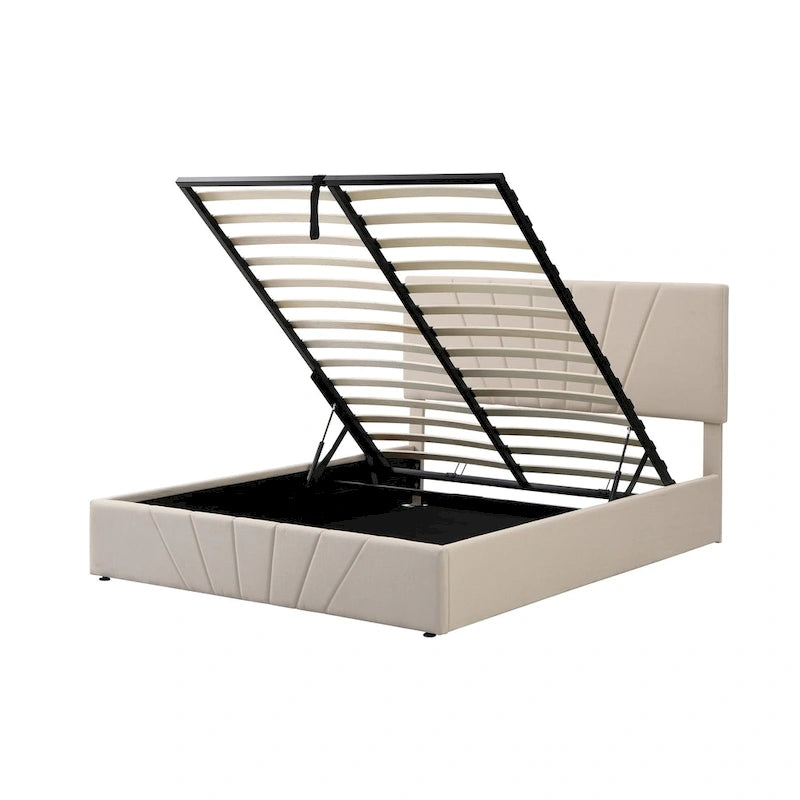 Letto con piattaforma imbottita in lino grigio/beige con contenitore idraulico – Matrimoniale / Queen, per 2 persone
