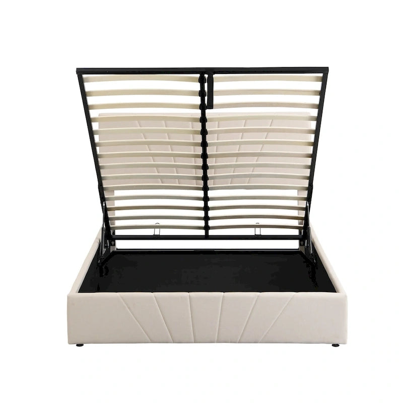 Letto con piattaforma imbottita in lino grigio/beige con contenitore idraulico – Matrimoniale / Queen, per 2 persone