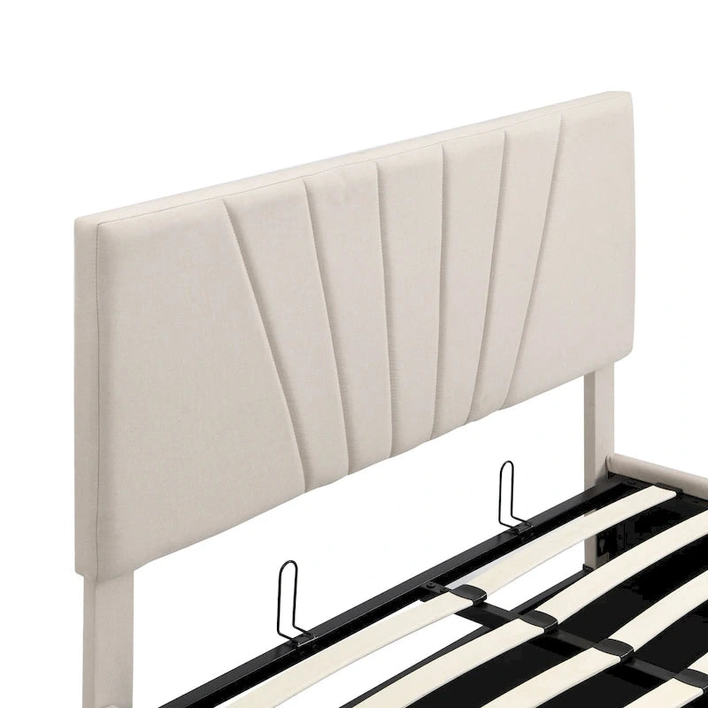 Letto con piattaforma imbottita in lino grigio/beige con contenitore idraulico – Matrimoniale / Queen, per 2 persone