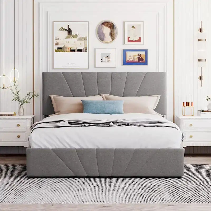 Letto con piattaforma imbottita in lino grigio/beige con contenitore idraulico – Matrimoniale / Queen, per 2 persone