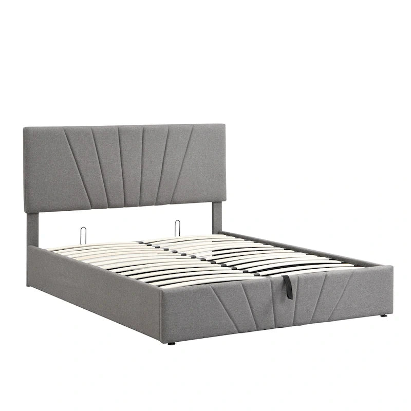 Letto con piattaforma imbottita in lino grigio/beige con contenitore idraulico – Matrimoniale / Queen, per 2 persone