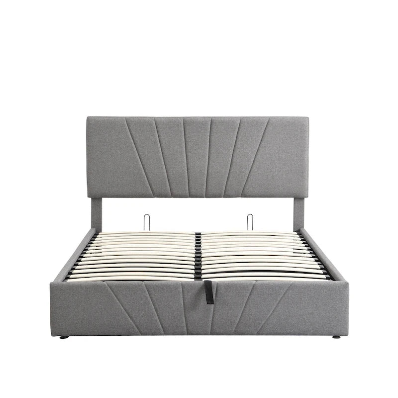 Letto con piattaforma imbottita in lino grigio/beige con contenitore idraulico – Matrimoniale / Queen, per 2 persone
