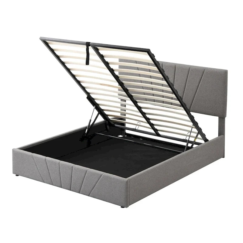 Letto con piattaforma imbottita in lino grigio/beige con contenitore idraulico – Matrimoniale / Queen, per 2 persone