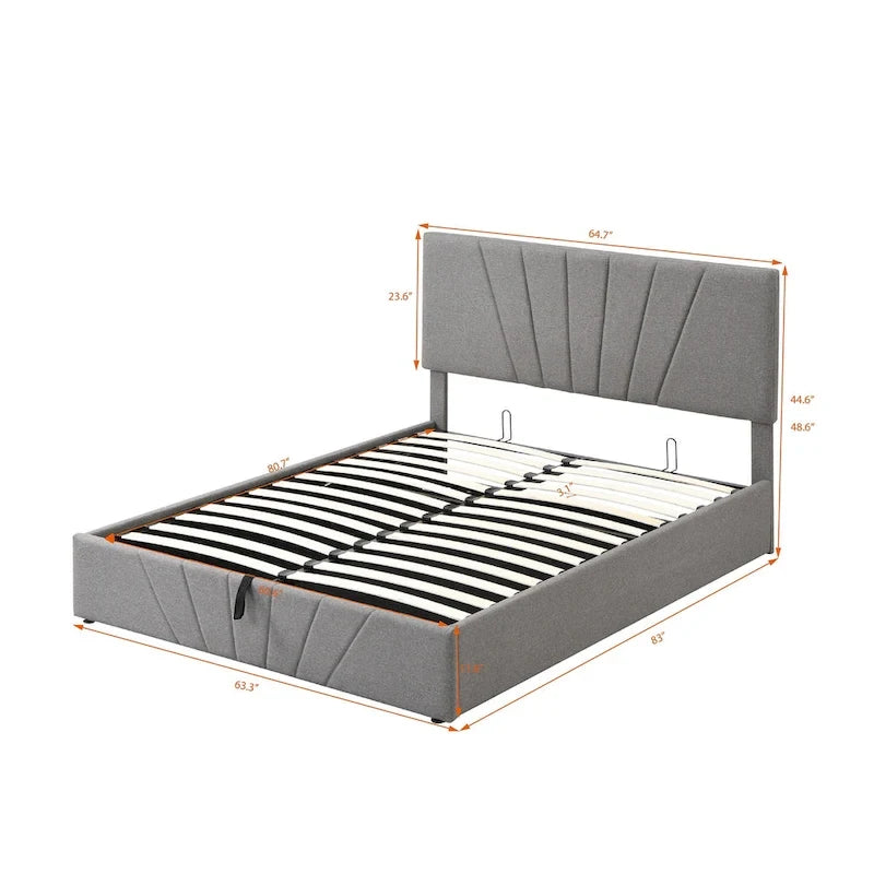 Letto con piattaforma imbottita in lino grigio/beige con contenitore idraulico – Matrimoniale / Queen, per 2 persone