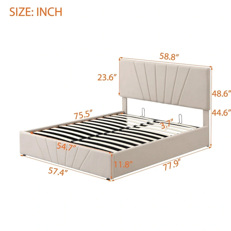 Letto con piattaforma imbottita in lino grigio/beige con contenitore idraulico – Matrimoniale / Queen, per 2 persone