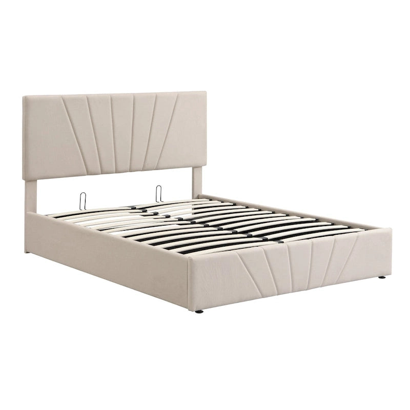 Letto con piattaforma imbottita in lino grigio/beige con contenitore idraulico – Matrimoniale / Queen, per 2 persone
