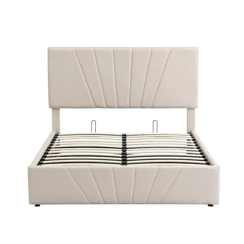 Letto con piattaforma imbottita in lino grigio/beige con contenitore idraulico – Matrimoniale / Queen, per 2 persone