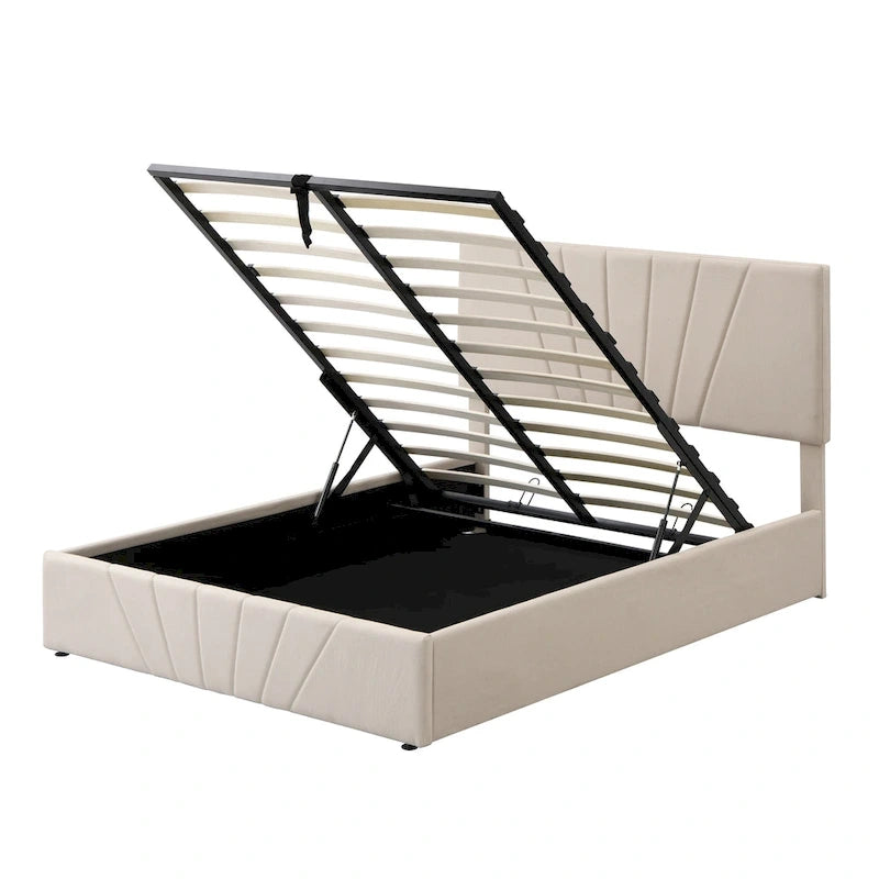 Letto con piattaforma imbottita in lino grigio/beige con contenitore idraulico – Matrimoniale / Queen, per 2 persone