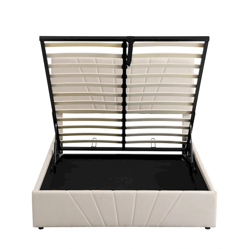 Letto con piattaforma imbottita in lino grigio/beige con contenitore idraulico – Matrimoniale / Queen, per 2 persone