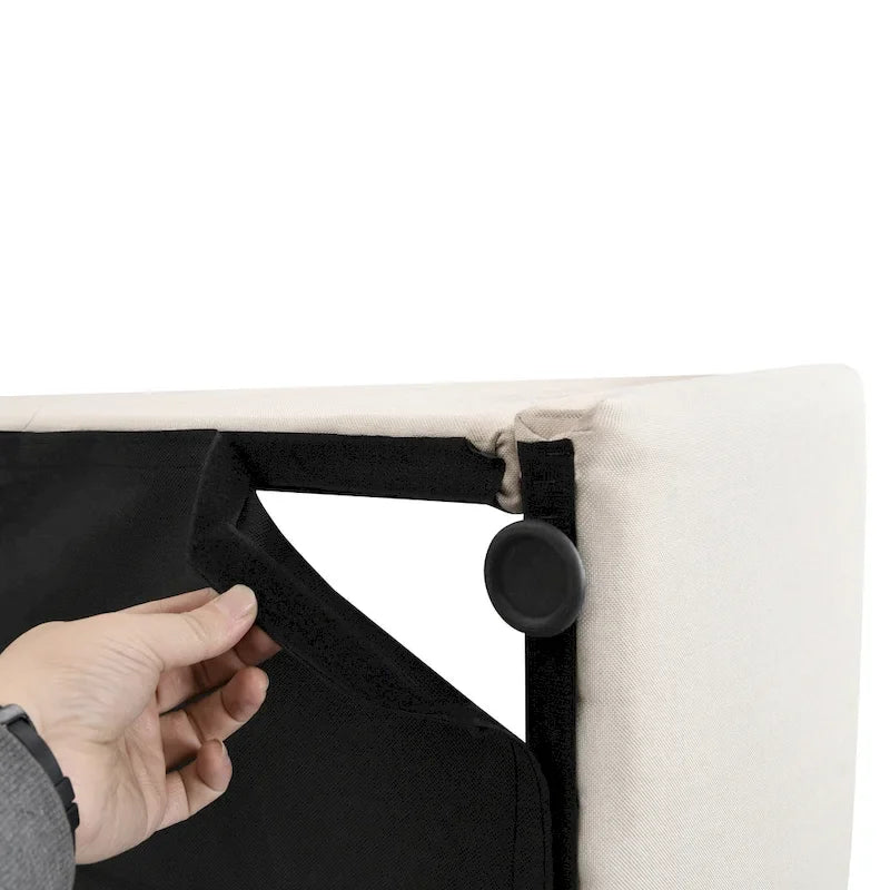 Letto con piattaforma imbottita in lino grigio/beige con contenitore idraulico – Matrimoniale / Queen, per 2 persone