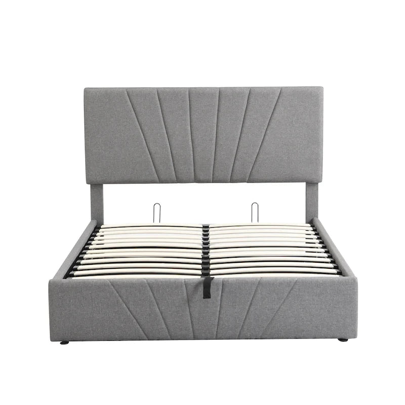 Letto con piattaforma imbottita in lino grigio/beige con contenitore idraulico – Matrimoniale / Queen, per 2 persone