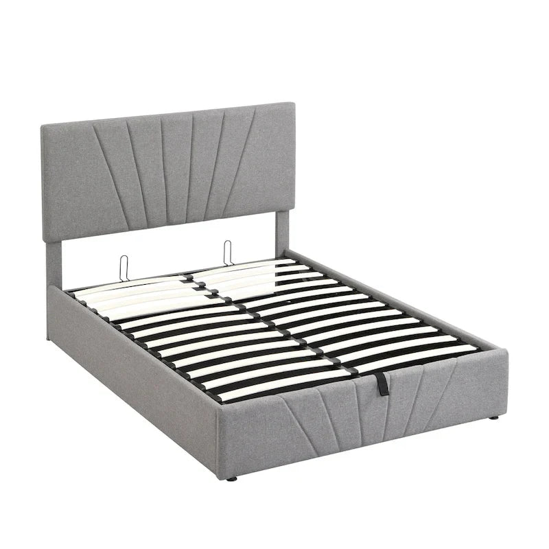 Letto con piattaforma imbottita in lino grigio/beige con contenitore idraulico – Matrimoniale / Queen, per 2 persone