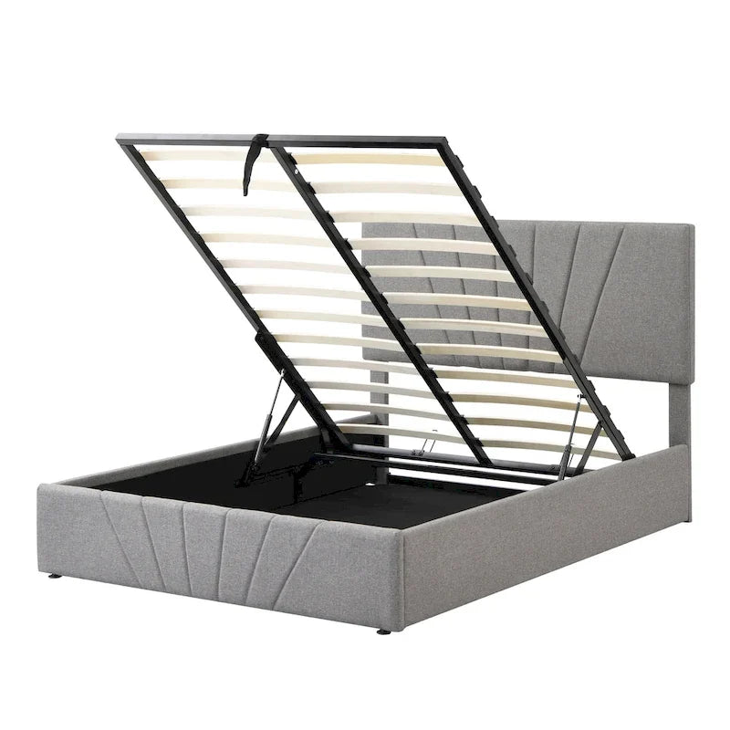 Letto con piattaforma imbottita in lino grigio/beige con contenitore idraulico – Matrimoniale / Queen, per 2 persone