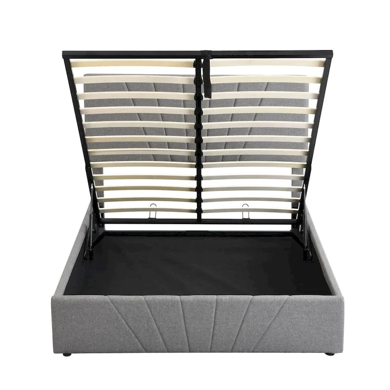 Letto con piattaforma imbottita in lino grigio/beige con contenitore idraulico – Matrimoniale / Queen, per 2 persone