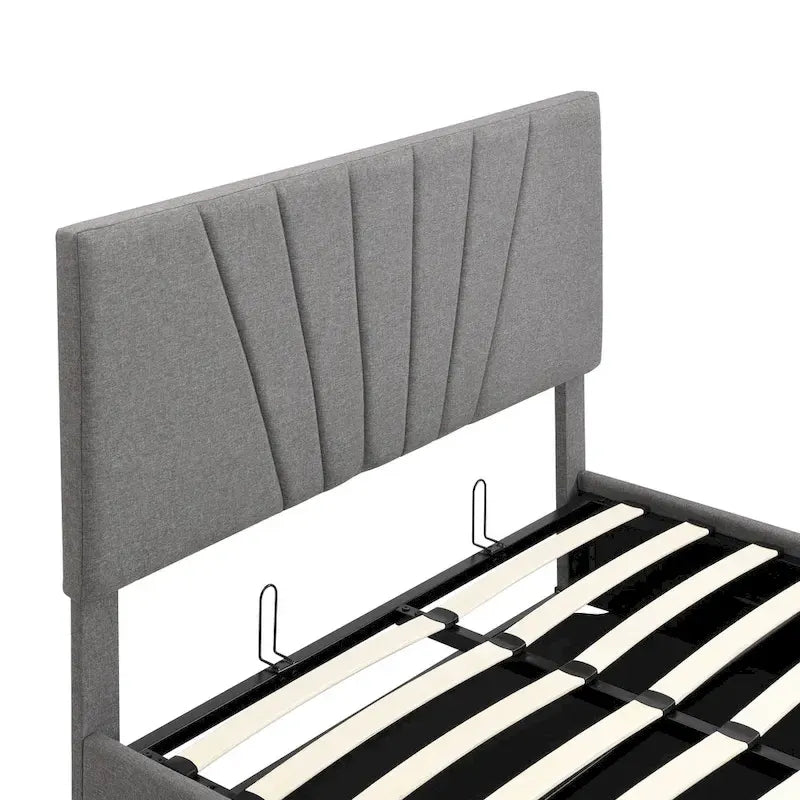 Letto con piattaforma imbottita in lino grigio/beige con contenitore idraulico – Matrimoniale / Queen, per 2 persone