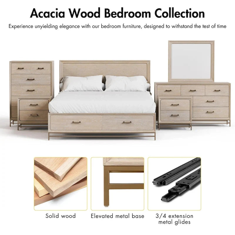 Set Camera da Letto 3 Pezzi in Rovere (Queen) – Struttura Letto, Comodino e Cassettiera | Maniglie Oro | 2 Posti Letto