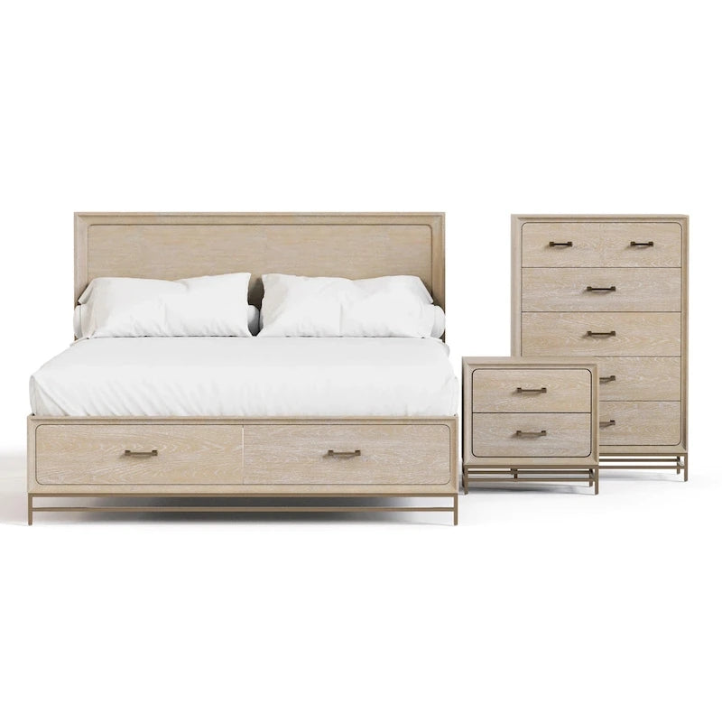 Set Camera da Letto 3 Pezzi in Rovere (Queen) – Struttura Letto, Comodino e Cassettiera | Maniglie Oro | 2 Posti Letto