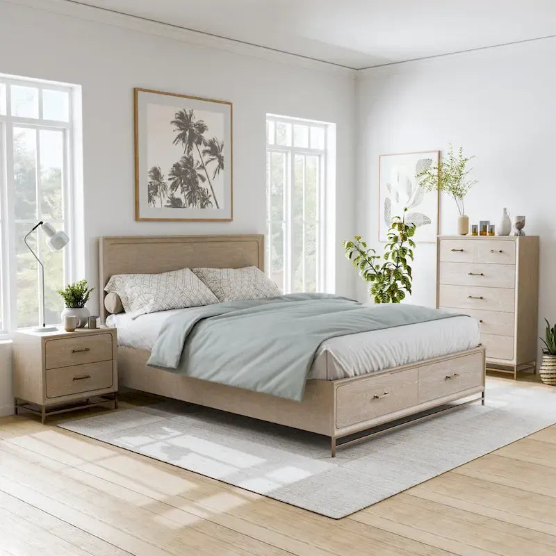 Set Camera da Letto 3 Pezzi in Rovere (Queen) – Struttura Letto, Comodino e Cassettiera | Maniglie Oro | 2 Posti Letto