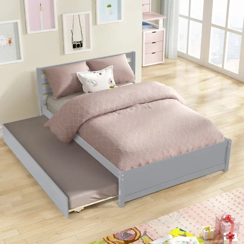 Struttura letto a piattaforma in legno grigio, dimensioni standard, con testiera e letto estraibile singolo – Per 1–2 persone