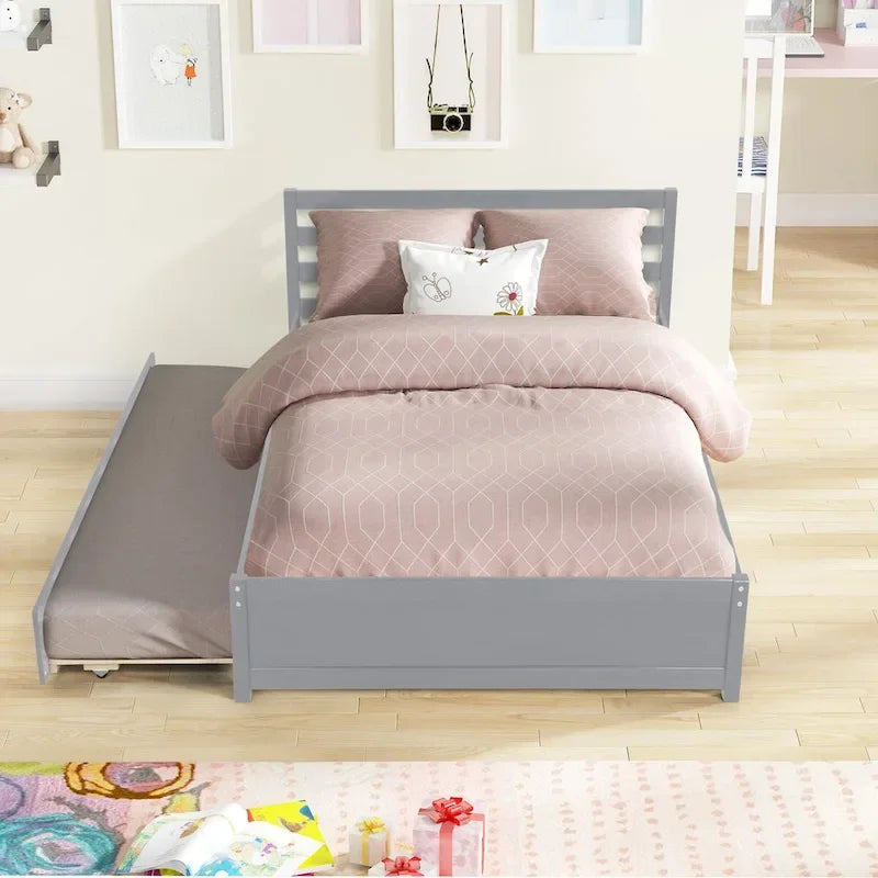 Struttura letto a piattaforma in legno grigio, dimensioni standard, con testiera e letto estraibile singolo – Per 1–2 persone