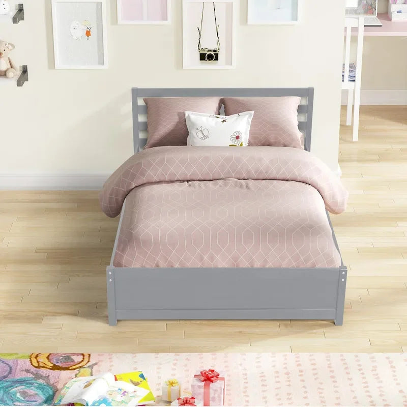 Struttura letto a piattaforma in legno grigio, dimensioni standard, con testiera e letto estraibile singolo – Per 1–2 persone