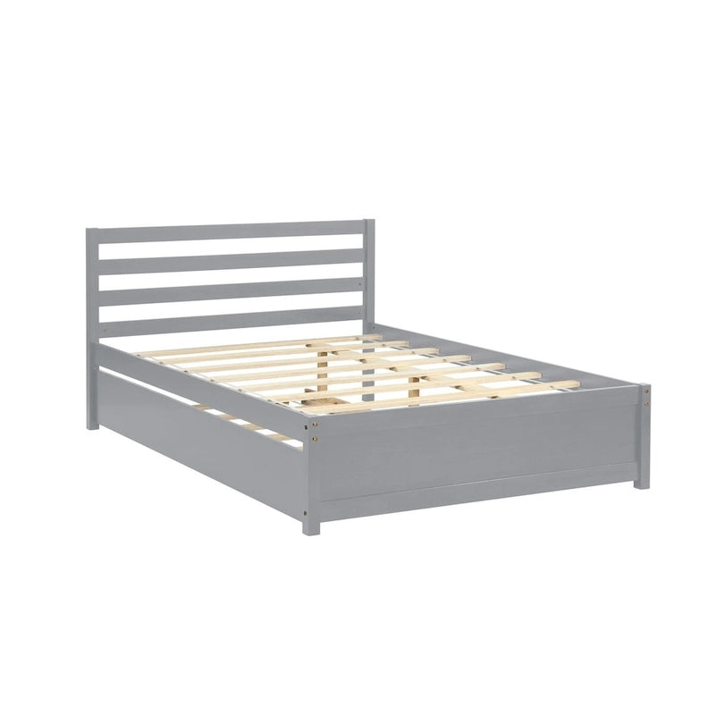 Struttura letto a piattaforma in legno grigio, dimensioni standard, con testiera e letto estraibile singolo – Per 1–2 persone