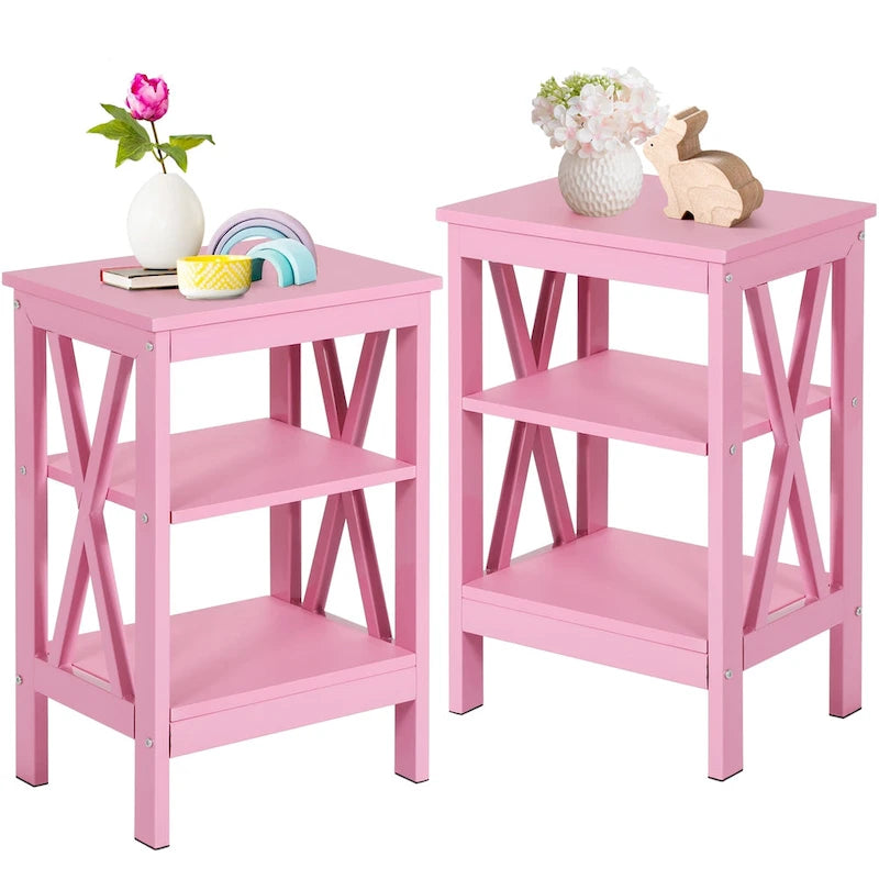 Comodino con 3 Ripiani Aperti, Set da 2 – Rosa / Bianco / Nero / Marrone / Arancione / Azzurro / Blu Scuro
