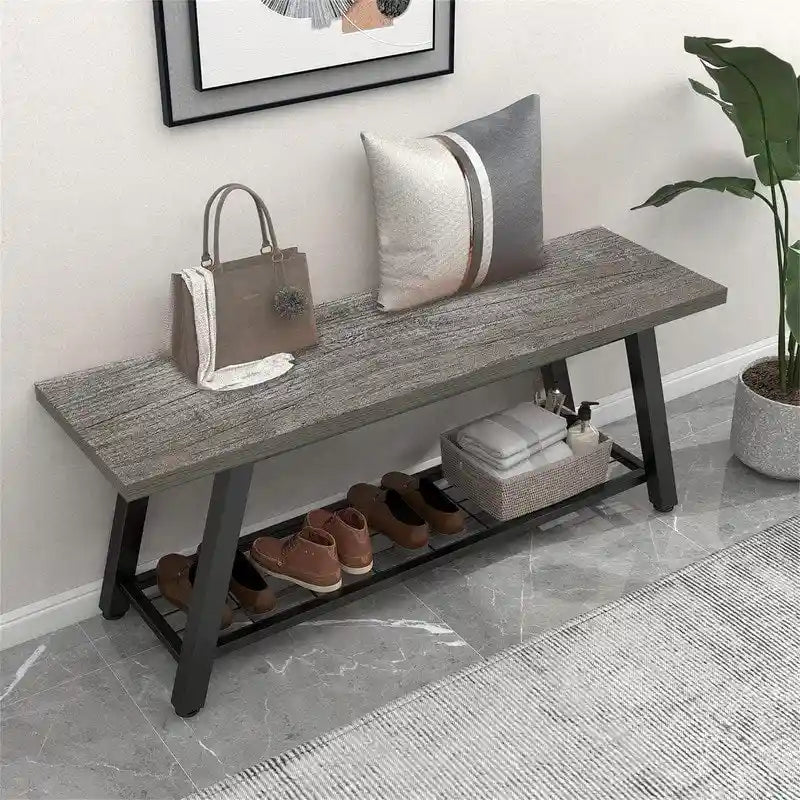 Panchina da Ingresso con Ripiano Portaoggetti e Struttura in Metallo Grigio Scuro/Greige/Bianco/Marrone – 1 Posto