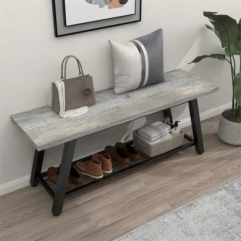 Panchina da Ingresso con Ripiano Portaoggetti e Struttura in Metallo Grigio Scuro/Greige/Bianco/Marrone – 1 Posto