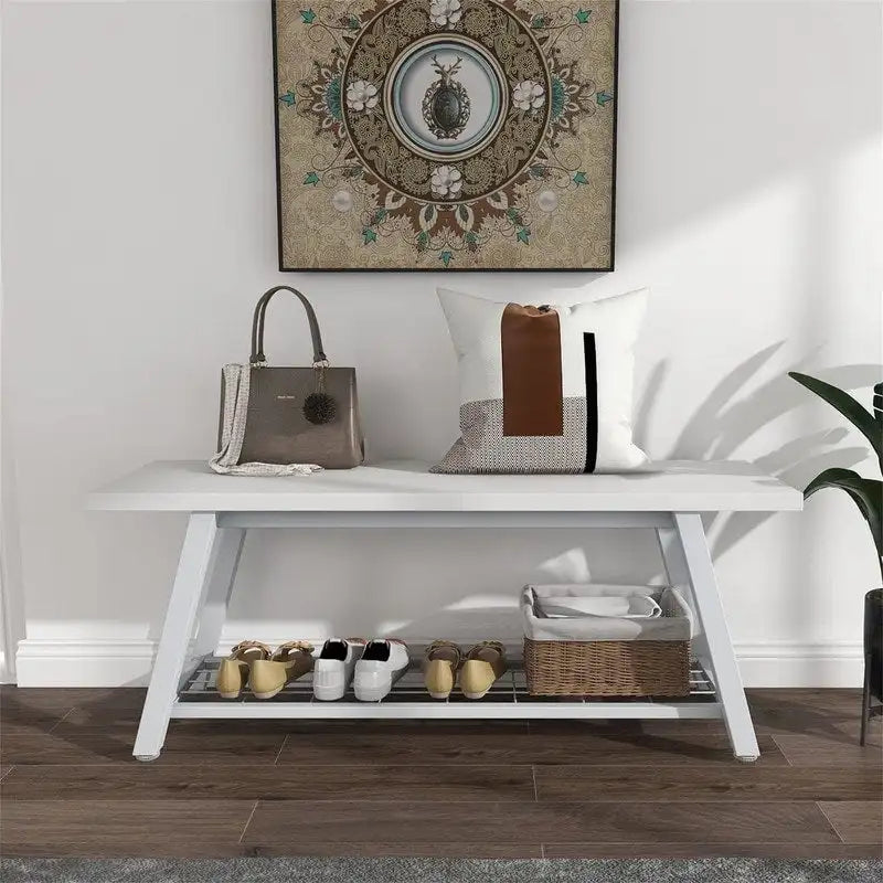 Panchina da Ingresso con Ripiano Portaoggetti e Struttura in Metallo Grigio Scuro/Greige/Bianco/Marrone – 1 Posto