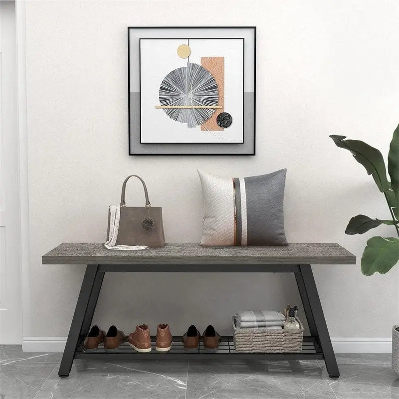 Panchina da Ingresso con Ripiano Portaoggetti e Struttura in Metallo Grigio Scuro/Greige/Bianco/Marrone – 1 Posto