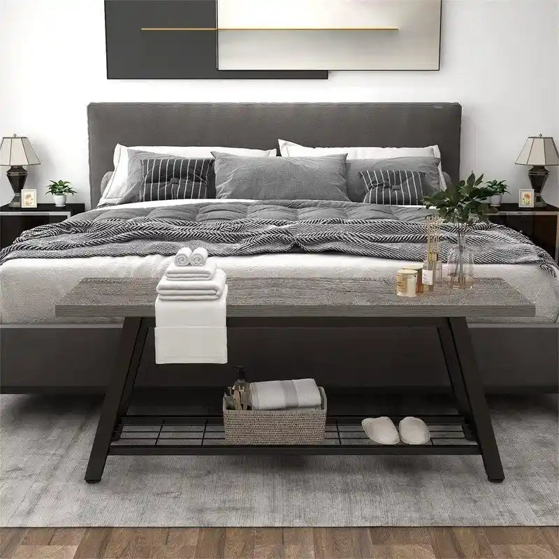 Panchina da Ingresso con Ripiano Portaoggetti e Struttura in Metallo Grigio Scuro/Greige/Bianco/Marrone – 1 Posto