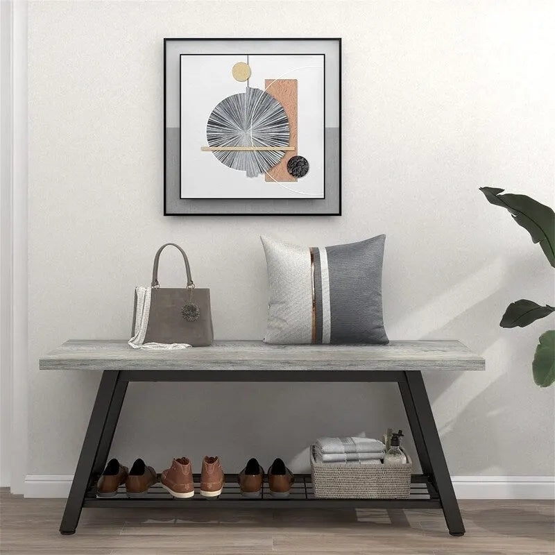 Panchina da Ingresso con Ripiano Portaoggetti e Struttura in Metallo Grigio Scuro/Greige/Bianco/Marrone – 1 Posto
