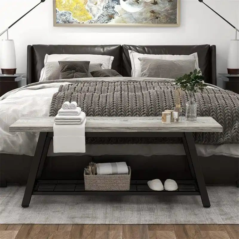 Panchina da Ingresso con Ripiano Portaoggetti e Struttura in Metallo Grigio Scuro/Greige/Bianco/Marrone – 1 Posto