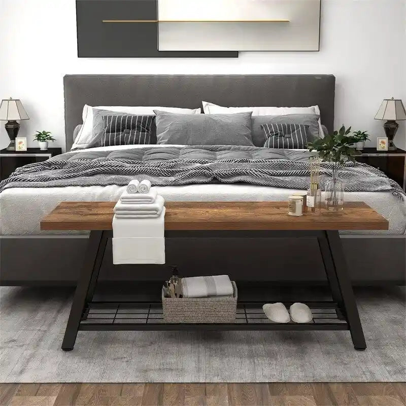 Panchina da Ingresso con Ripiano Portaoggetti e Struttura in Metallo Grigio Scuro/Greige/Bianco/Marrone – 1 Posto