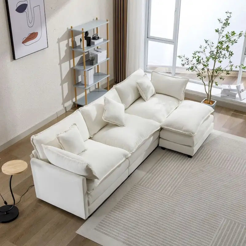 Divano Sezionale a L in ciniglia bianco/grigio/blu con pouf, 3–4 posti