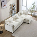 Divano Sezionale a L in ciniglia bianco/grigio/blu con pouf, 3–4 posti