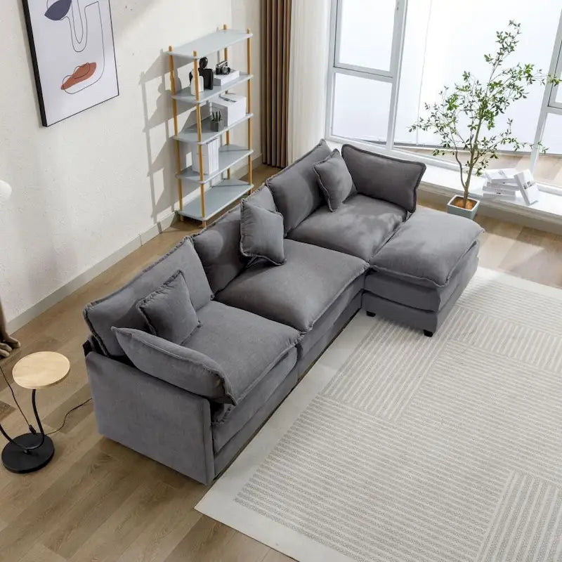 Divano Sezionale a L in ciniglia bianco/grigio/blu con pouf, 3–4 posti