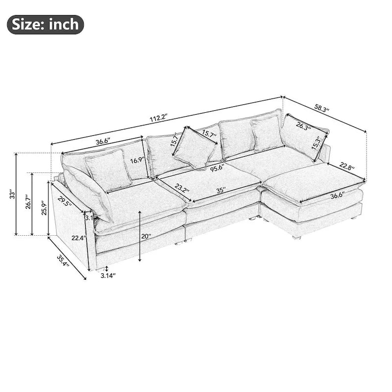 Divano Sezionale a L in ciniglia bianco/grigio/blu con pouf, 3–4 posti